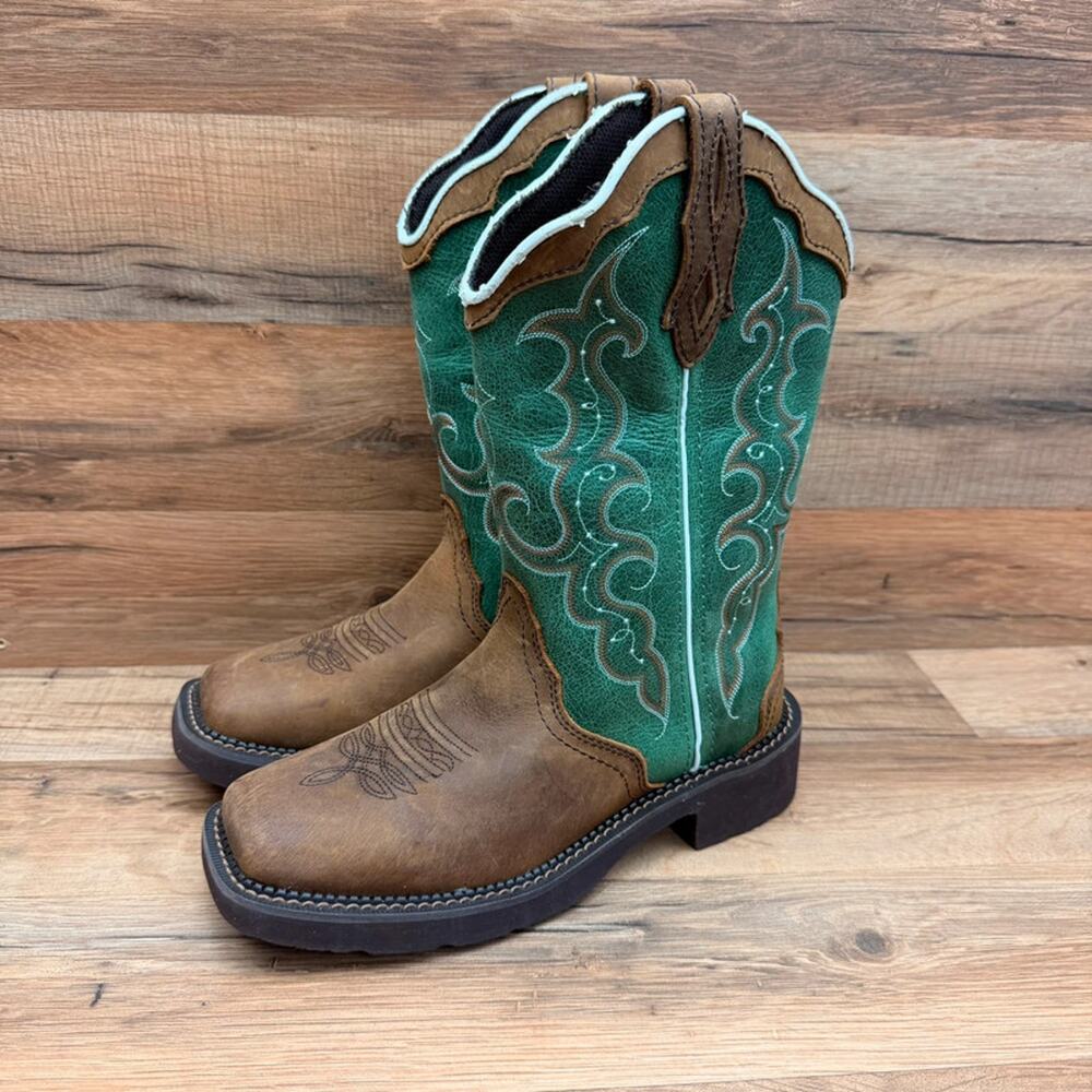 Justin Raya Women's 6.5 GY2904 Distressed Brown Leather & Green Western Boots